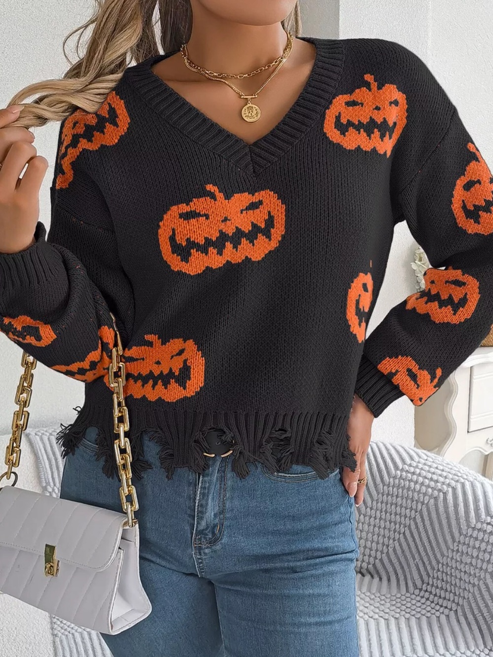 ⭐️ Black Pumpkin Knit V Neck Distressed Hem Sweater Halloween Graphic Pullover